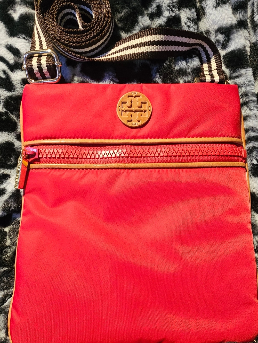 Tory Burch Nylon Red Crossbody Bag with Logo, Front Zip Pocket, Multicolor Strap